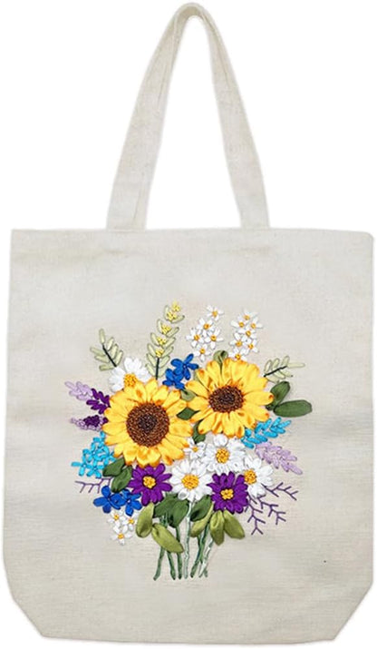 Canvas Tote Bag Silk Ribbon Embroidery Kit for Beginners, Arts DIY Crafts Starter kit, Include Stamped Bag Threads Hoop