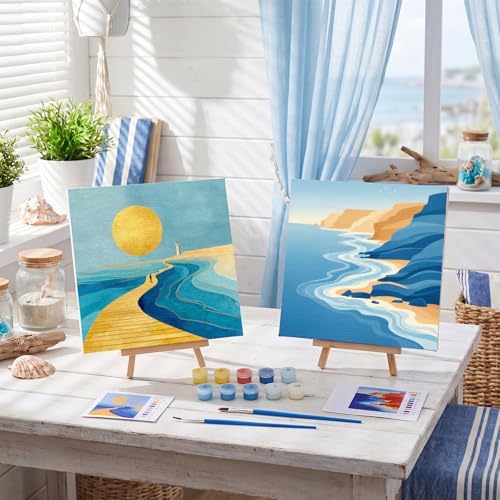 Nezyo 8 Sets 8 x 8 Inch Paint by Numbers Kit for Adult Beginners with Wooden Easels Acrylic Paint by Number Landscape Paintings Kits for DIY Party Home Decor Gift(Blue Ocean) - Image 5