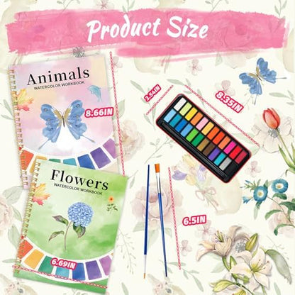Watercolor Workbook - Coloring Book Beginner Friendly Painting Kit, Watercolor Workbooks for Adults, Exploration Gift for Adults Teens (Flowers-Animals, 24 Color Palette) - Image 3