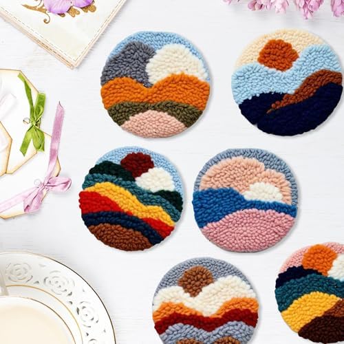 Starter Needle Coasters Kit, Punch Needle Embroidery DIY Set for Beginners Adults, Easy Coasters Kit with Adhesive Felt, Yarns, Embroidery Hoop (Multi landscape1) - Image 6