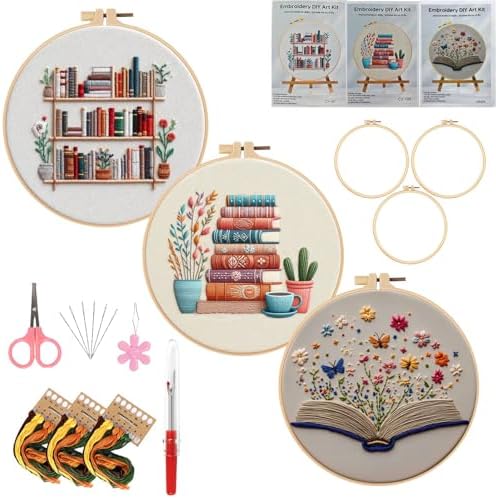 Embroidery Kit for Adults, Pre-Stamped Pattern Embroidery Kit for Beginners, Needlepoint Starter Kit with Hoop Thread Needle Instruction, 7.9'' Hoop (Book Lover 3 Packs) by Unknown