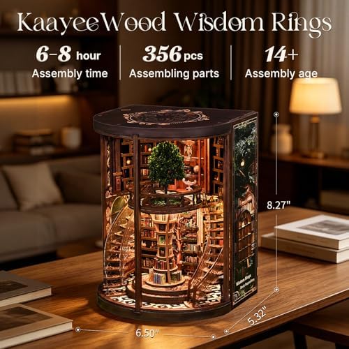 Book Nook Kit, 3D Wooden Puzzles for Adults, DIY Miniature House Kit for Adults, Booknook with LED Light, Gifts for Family, Friends and Book Lovers, Bookshelf Decor(Wisdom Rings) - Image 2