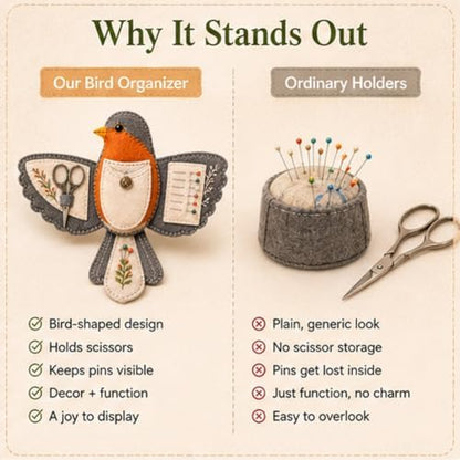 Bird-Shaped Felt Sewing Organizer DIY Kit, Handmade Needlepoint Embroidery Craft Set for Beginners Adults, Woodland Bird Design, Gift for Quilters, Charming Vintage Decor(Cardinal) - Image 2