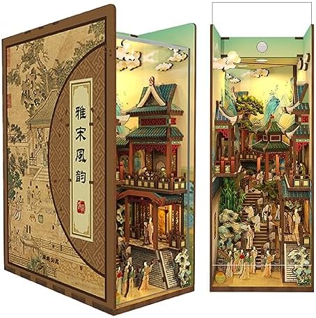 Tonecheer DIY Book Nook Kit for Adults, Wooden 3D Puzzle Bookend Bookshelf Insert Decor, Chinese Booknook Miniature House Kit with Dust Cover and Body Motion Sensor LED (Song Dynasty Culture) by Tonecheer