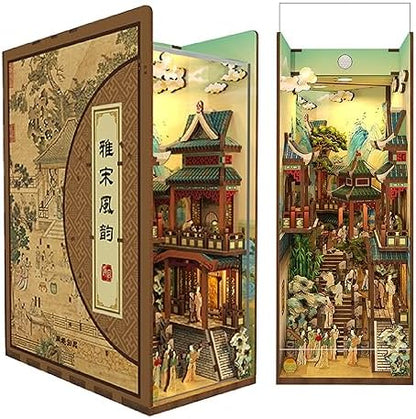 Tonecheer DIY Book Nook Kit for Adults, Wooden 3D Puzzle Bookend Bookshelf Insert Decor, Chinese Booknook Miniature House Kit with Dust Cover and Body Motion Sensor LED (Song Dynasty Culture) by Tonecheer