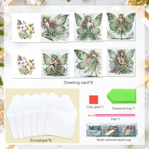Focart 6 Pack Diamond Painting Greeting Cards Kit of Green Butterfly Fairy - Image 3