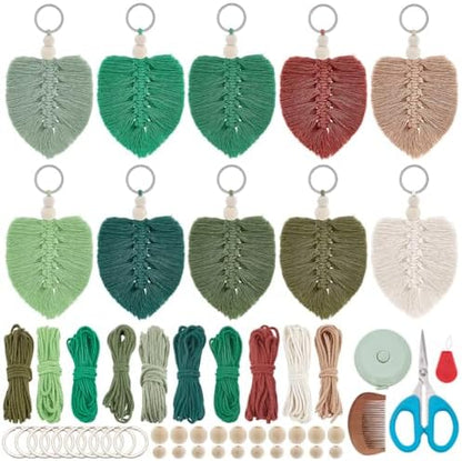 FREEBLOSS 10 Set DIY Macrame Leaf Keychain Kit for Beginners Macrame Leaf Hanging Ornament Boho Keychain Making Kit with Enough Cotton Cord by FreeandCreativeCraftsArt