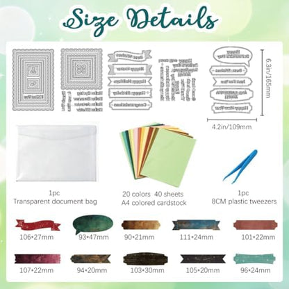 Tags Greetings Frames Cutting Die 5 Styles Label Text Stencils with 40 Sheets Cardstock & Tweezers, All-in-One Craft Kit for DIY Scrapbooking Birthday Greeting Card Album Photo Decor - Image 2