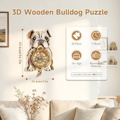 Kosmickiss 3D Puzzles for Adults, Wooden Bulldog Wall Clock Model Kits - Image 5