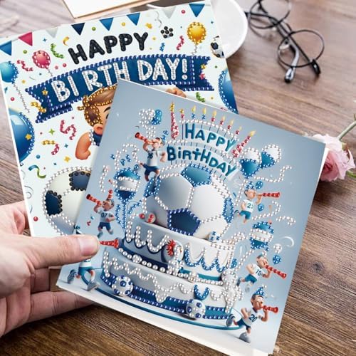 JISHSHAY 6 PCS Diamond Painting Happy Birthday Cards Football Cake Diamond Art Greeting Cards with Envelopes Gem Art Gem Painting Embroidery Kit Mosaic Kits for Adults with Special Shape Drills - Image 6