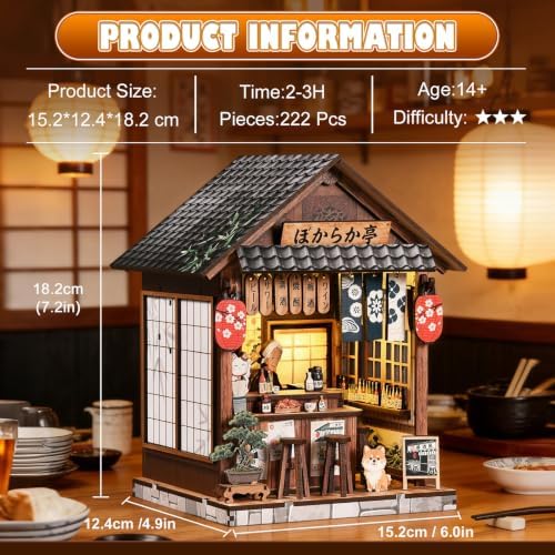 Japanese Izakaya Book Nook Kit for Adults, 3D Wooden Puzzle DIY Miniature House with Warm LED Light, Bookshelf Insert Decor Craft Model Building Set, Unique Gift for Book Lovers - Image 3