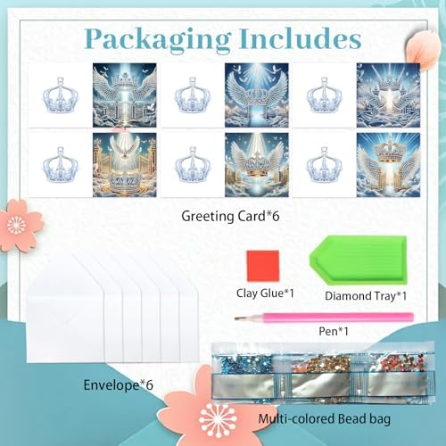 6pcs Diamond Painting Greeting Card with envelopes, DIY Angel wing and crown Diamond Art Greeting Card for Blessing and Wish Special Shaped Arts Crafts for Christmas Birthday Thanksgiving Day Holiday - Image 3