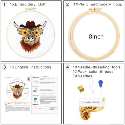 Highland Cow Embroidery Kits for Beginners Adults, Animal Hand Embroidery Starters Kits, Stamped Cross Stitch Kits DIY Needlepoint Kits for Beginners Adults, Embroidery Hoop, Thread and Video Tutorial - Image 5