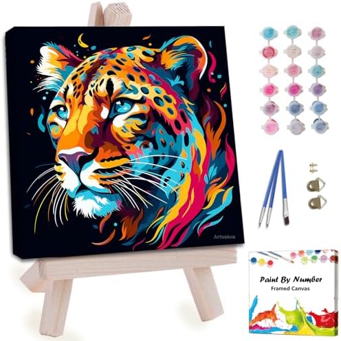 Artunion Framed Paint by Numbers Kit for Adults Beginners & Kids Ages 8-12,Colorful Cheetah Paint by Number with Frame,Animals Paint by Numbers Kit on Canvas 10 * 10 Inch Without Easel by ArtunionDriect