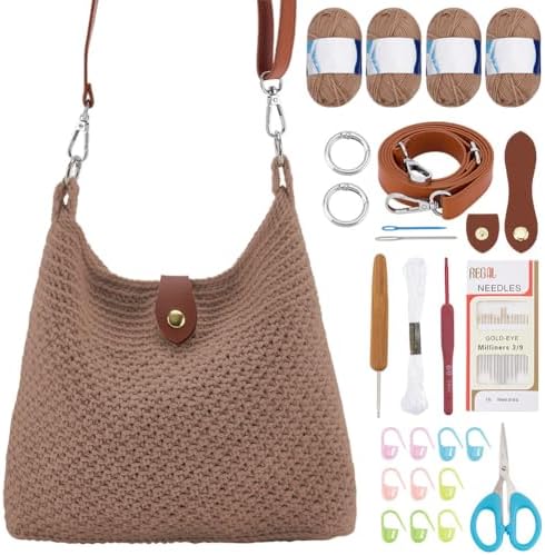 ACRNIGHEET Crochet Bag Kit for Beginners Crochet Purse for Women DIY Tote Bag Making Kit with Step-by-Step Tutorials Knitting Supplies for Adults Crafts Autumn Winter Boho Gift Idea (Khaki) by ACRNIGHEET