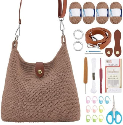 ACRNIGHEET Crochet Bag Kit for Beginners Crochet Purse for Women DIY Tote Bag Making Kit with Step-by-Step Tutorials Knitting Supplies for Adults Crafts Autumn Winter Boho Gift Idea (Khaki) by ACRNIGHEET
