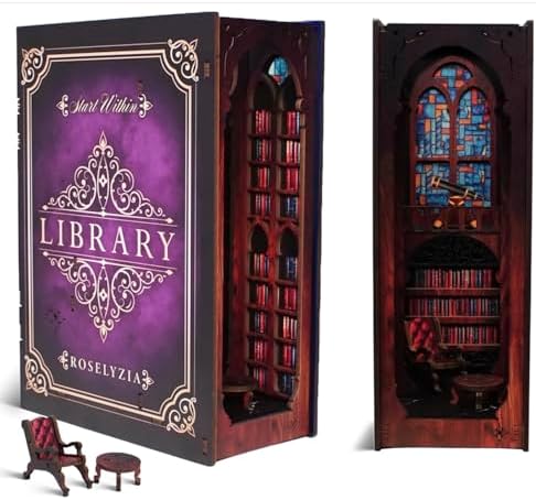 Book Nook Kit – NOOKBOOX by ROSELYZIA – DIY Miniature Dollhouse 3D Wooden Puzzle with LED Light – Bookshelf Decor Gift for Adults & Teens – Violet Purple by ROSELYZIA