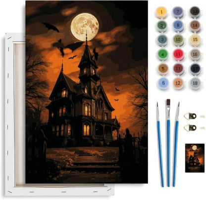 Spandrel Paint by Numbers for Adults Halloween Haunted House Canvas Oil Painting Kit, Gothic Spooky Full Moon Horror Landscape Number Painting, Dark Halloween Wall Art Decor Gift for Beginners by Unknown
