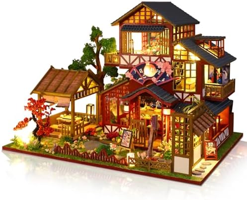 DIY Japanese Miniature House Kit, DIY Miniature Japanese Sushi Shop Dollhouse, 3D Wooden Sushi House Kit with LED Dustproof Covers & Music, Home Decor Birthday Gift Hands Craft for Adults by Hallisun