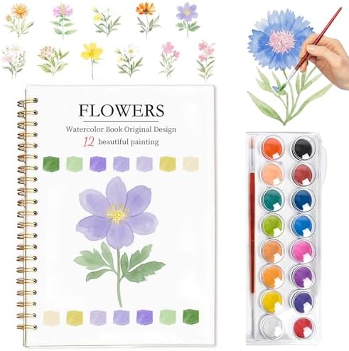 Easy Watercolor Workbook for Beginners - 12 Beautiful Step-by-Step Paintings Water Coloring Book, Includes 16 Watercolors Set, Relaxing Art Projects and Creative Gift for Adults & Teen (Flowers) by Yangmics+Direct