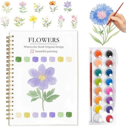 Easy Watercolor Workbook for Beginners - 12 Beautiful Step-by-Step Paintings Water Coloring Book, Includes 16 Watercolors Set, Relaxing Art Projects and Creative Gift for Adults & Teen (Flowers) by Yangmics+Direct
