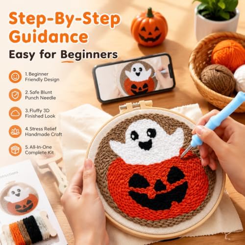 Punch Needle Kit for Beginners Adults-Pumpkin Ghost, with Embroidery Hoop - Image 3