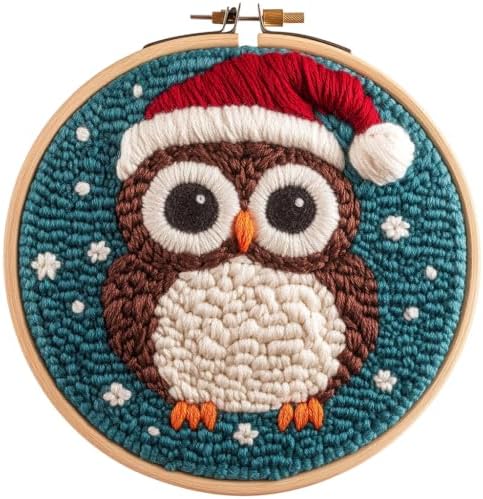DIY Punch Needle Kits Owl Wear Christmas Hat with Hoop 20x20cm-1 by Unknown