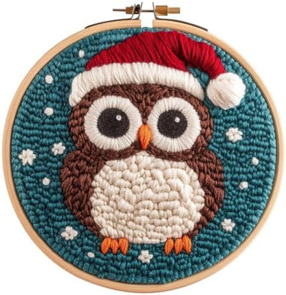 DIY Punch Needle Kits Owl Wear Christmas Hat with Hoop 20x20cm-1 by Unknown