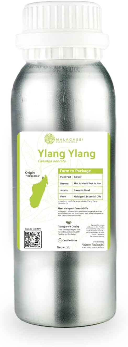 Nature Packaged Ylang Ylang Essential Oil - Direct from Malagassi Essential Oils Madagascar - Steam Distilled - Aceite de Ylang Ylang for Aromatherapy, Diffuser, DIY Candle and Soap Making - 2lbs