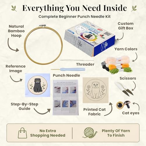 Eflin Punch Needle Kits Adults Beginner, Cute Scottish Fold Cat Punch Needle Kit for Beginners with Daisy Pattern, Natural Bamboo Hoop, Yarns, Tools, Tutorial Video, Rare Gift for Craft Kits, Decors - Image 4