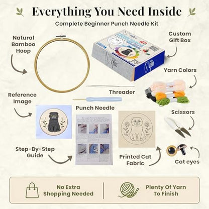 Eflin Punch Needle Kits Adults Beginner, Cute Scottish Fold Cat Punch Needle Kit for Beginners with Daisy Pattern, Natural Bamboo Hoop, Yarns, Tools, Tutorial Video, Rare Gift for Craft Kits, Decors - Image 4