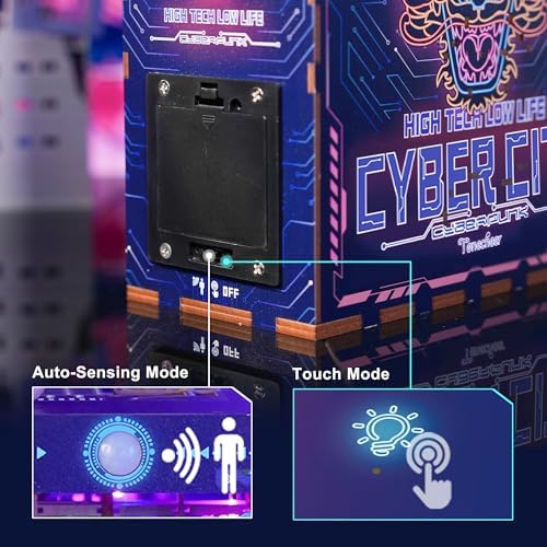 Tonecheer DIY Book Nook Kit for Adults, Wooden 3D Puzzle Bookend Bookshelf Insert Decor, Cyber Punk Booknook Miniature House Kit with Dust Cover and Body Motion Sensor LED (Cyber City) - Image 5