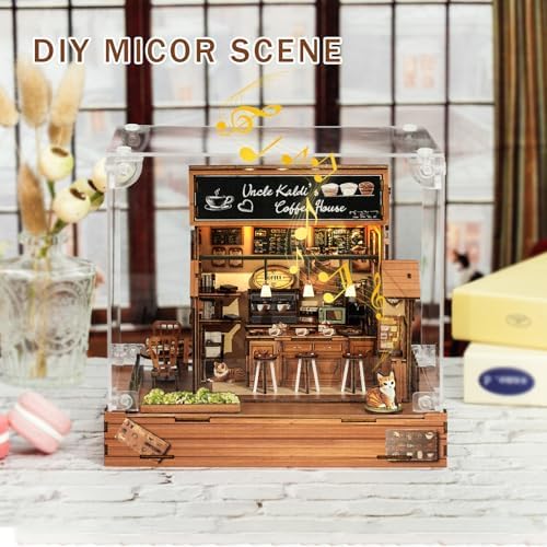 DIY Miniature House Kit (Vintage Coffee Shop) Tiny Dollhouse Kits for Adults to Build, Mini Model Kits with LED Light&Music Box&Dust-Proof Cover, Birthday Gifts for Family Friends - Image 2