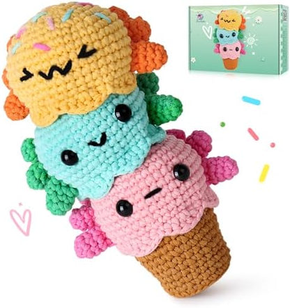 Crochetta Crochet Kit for Beginners, Crochet Starter Kit w Step-by-Step Video Tutorials, Beginner Crochet Kit for Adults Kids Women Men Complete Kit Included (Ice Cream Axolotls) by Crochetta