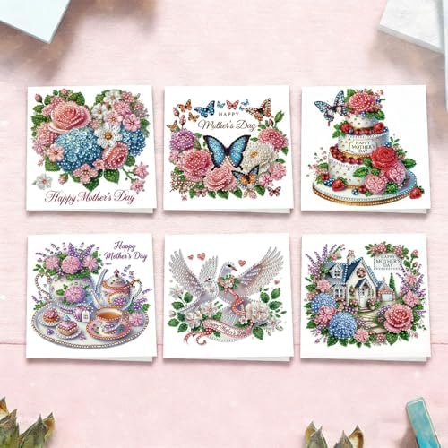 6Pcs Mother's Day Greeting Card DIY Diamond Art Painting Greeting Cards Special Shaped Diamond Blessing Folding Card Kit Arts Crafts for Holiday Festival-Flower02 - Image 5