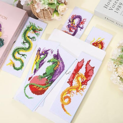 ORIGACH 6 Pcs Cross Stitch Bookmark Kit for Beginner Dragon Pattern Stamped Embroidery Stitch Kits for Starter DIY Bookmarks Printed Cross Stitch Kits with 13 Colors Embroidery Floss - Image 6