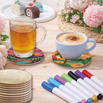 26PCS Wood Coasters Craft Kit 10 Paint You Own Coaster with 16 Markers Wooden Coasters Painting Set for Adults Beginners DIY Coaster Kit Landscape Painting Crafts Art Supplies(Landscape) - Image 4