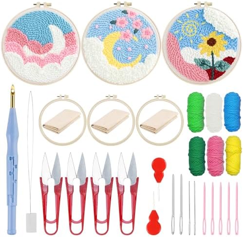 Woohome Punch Needle Kit Included Plastic Hoops, Punch Needle Cloth, Color Yarn and Punch Needle Tools for Adults, Beginners (Moon and Sunflower) by Woohome