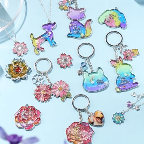 LET'S RESIN Keychain Molds 37Pcs, Silver UV Resin Molds for Beginners, Open Bezel Flower & Animal Molds for Keychain, Jewelry & Pendant Making - Image 5