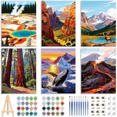 EggSun 6 Pack Framed Paint by Numbers Kit for Adults,Beginners with Wooden Easel,DIY Acrylic Oil Painting Paint by Numbers Kits on Canvas for Home Decor(National Park Landscape,8x12Inch) by EggSun