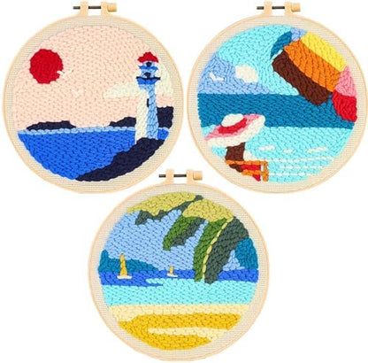 Allazone 3 Set Punch Needle Kits with Ocean Pattern, Embroidery Starter Kits Punch Needle Tool Threader Fabric, Yarn, Embroidery Hoop for Crafts, Home Decor by Allazone