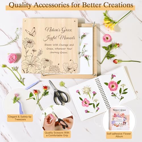 Joy&Grace Large Flower Press Kit for Adults with Designed Cover and DIY Album,10 Layers Plant Press and Plant Drying Toolkit, Flower Preservation Kit, 10.9" x 10.9" (Color Box, Natural Wood) - Image 4