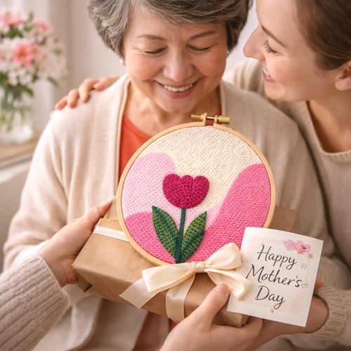 CELCRAFTIQUE Punch Needle Kits for Adults Beginner, Tool with Punch Needle Fabric, Hoops, Yarns and Sewing Needles (Blush Tulip) - Image 2