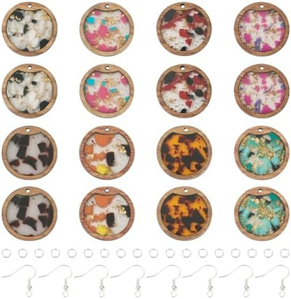 56Pcs Flat Round Resin Wooden Charm Earring Kit with Walnut Wood Statement Dangle Pendants Earring Hooks Jump Rings for Women DIY Crafts Jewelry Making Decoration - Image 7