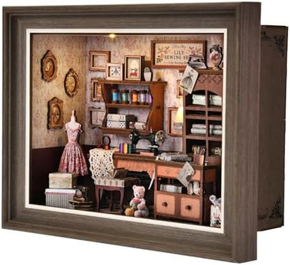 Book Nook Kit - 3D Wooden Puzzle with LED Switch Control & Wall-Mountable Frame，DIY Miniature House for Beginners，Bookshelf/Tabletop/Wall Decor for Craft Lovers，Dollhouse Gift (Lily Sewing Shop) by DROICC