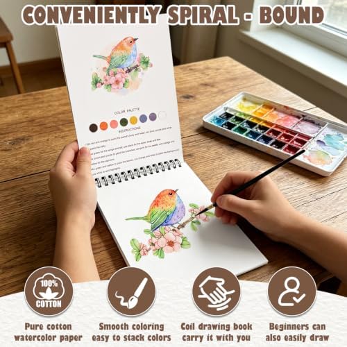 Watercolor Workbook, Water Coloring Book with 13 Pages, Bird Theme Painting Practice Book with Pre-Drawn Outline Pages, Nature Coloring Book for Adults, Beginners & Art Lovers - Image 3