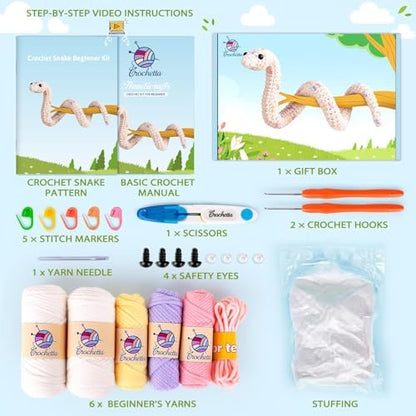 Crochet Kit for Beginners, Beginner Crochet Kit for Teenagers Adults with Step-by-Step Video Tutorials, DIY Crochet Animal Kits Knitting Supplies, Snake (40%+ Yarn) - Image 4