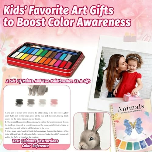 Watercolor Workbook for Beginners - 24 Colors Paint Set & Coloring Book, All-in-One Watercolor Painting Kit, Artistic Exploration Gift for Adults and Teens (Animals) - Image 7