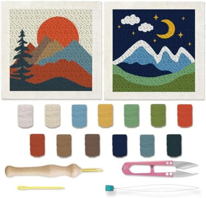 BEUNITONE 2 Sets Camping Punch Needle Kit for Beginners Scenery Theme Punch Embroidery Kits with Frame Instructions Embroidery Starter Kits with Art Night Pattern for Wall Painting 9.4'' x 9.4'' by BEUNITONE