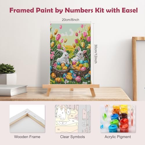 MOGTAA Easter Bunny Paint by Numbers Kit for Adults Beginners with Frame, Easter Eggs Adult Paint by Number Kits on Canvas with Easel, Easy DIY Flowers Oil Painting Kits for Home Decor, 8x12in - Image 2